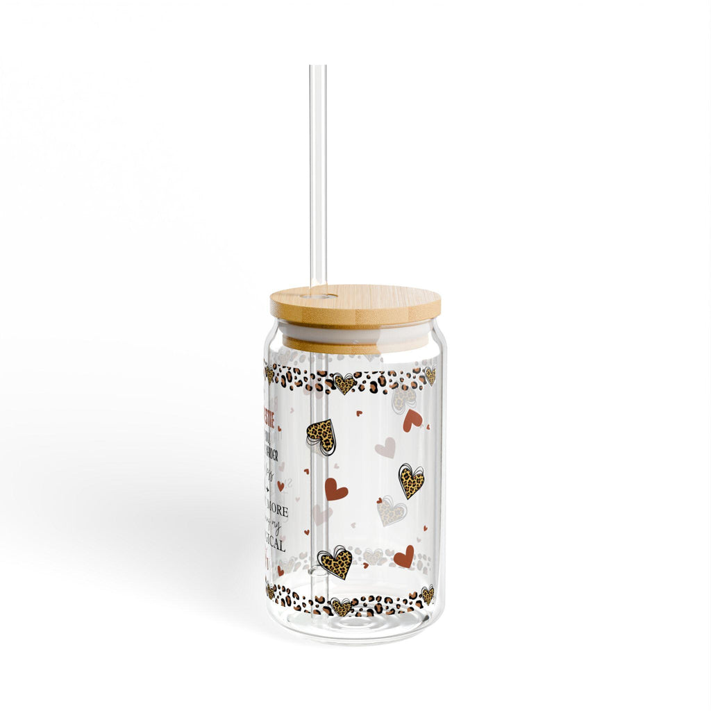 Badass Bessie quote sipper glass 16oz tumbler with straw, heart leopard, reusable drink cup, gift for sister, friendship gift