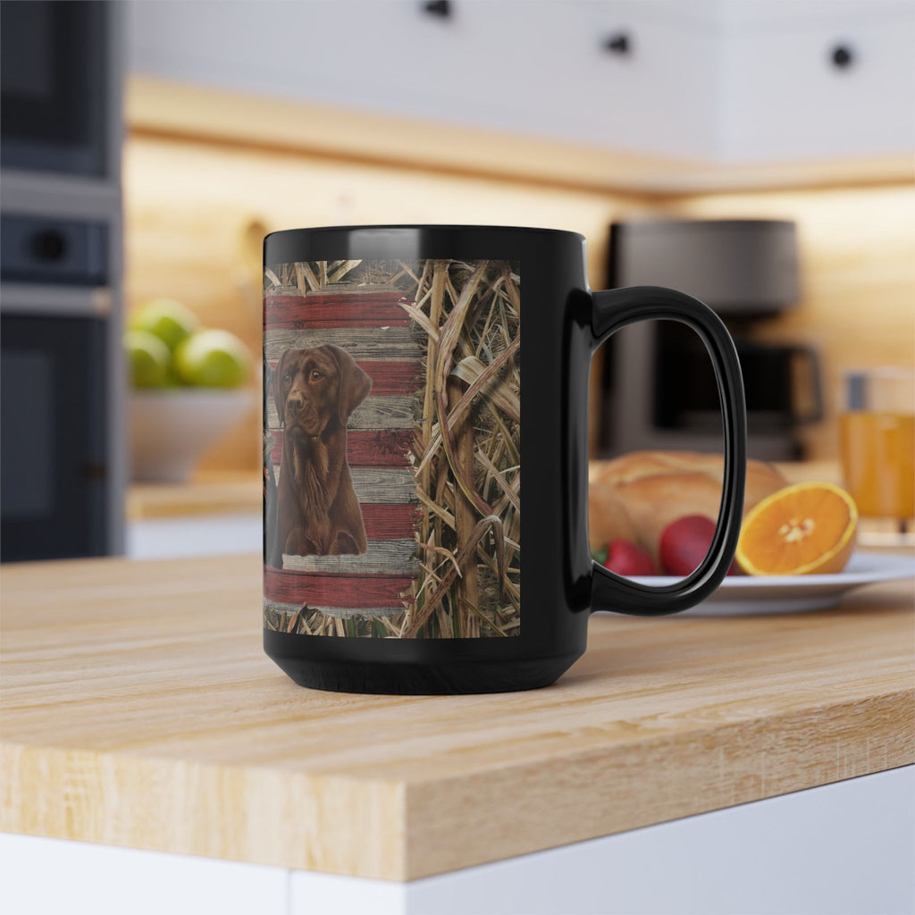 Three Labrador Retrievers with Duck and American Flag Mug | Black Ceramic Mug, duck hunter coffee cup, duck hunter gift
