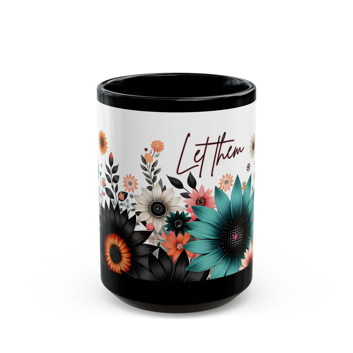 Let Them Bloom floral illustration Mug | Black ceramic coffee cup, encouraging coffee cup