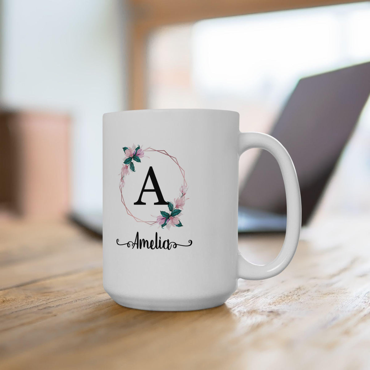 Personalized Floral Wreath Ceramic Mug - Custom Name Tea Cup