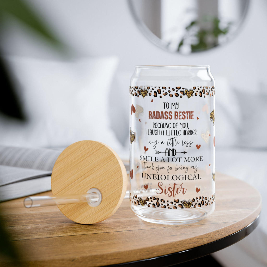 Badass Bessie quote sipper glass 16oz tumbler with straw, heart leopard, reusable drink cup, gift for sister, friendship gift