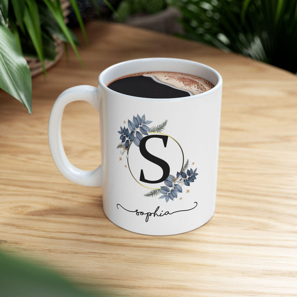 Personalized floral ceramic mug, custom coffee cup gift, flower design, birthday, Mother's Day, housewarming