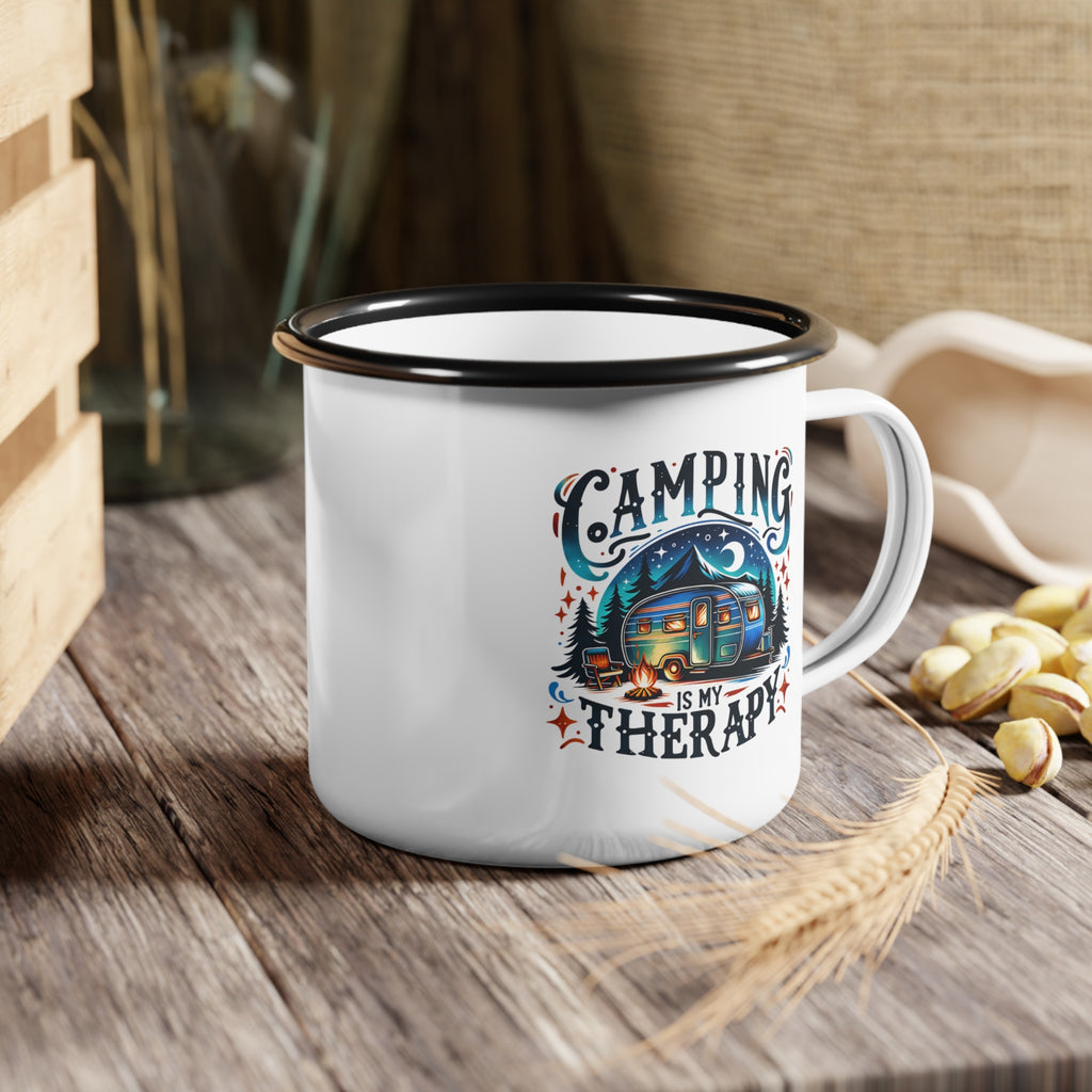 Camping Is My Therapy enamel camp cup | camper trailer, campfire, night sky