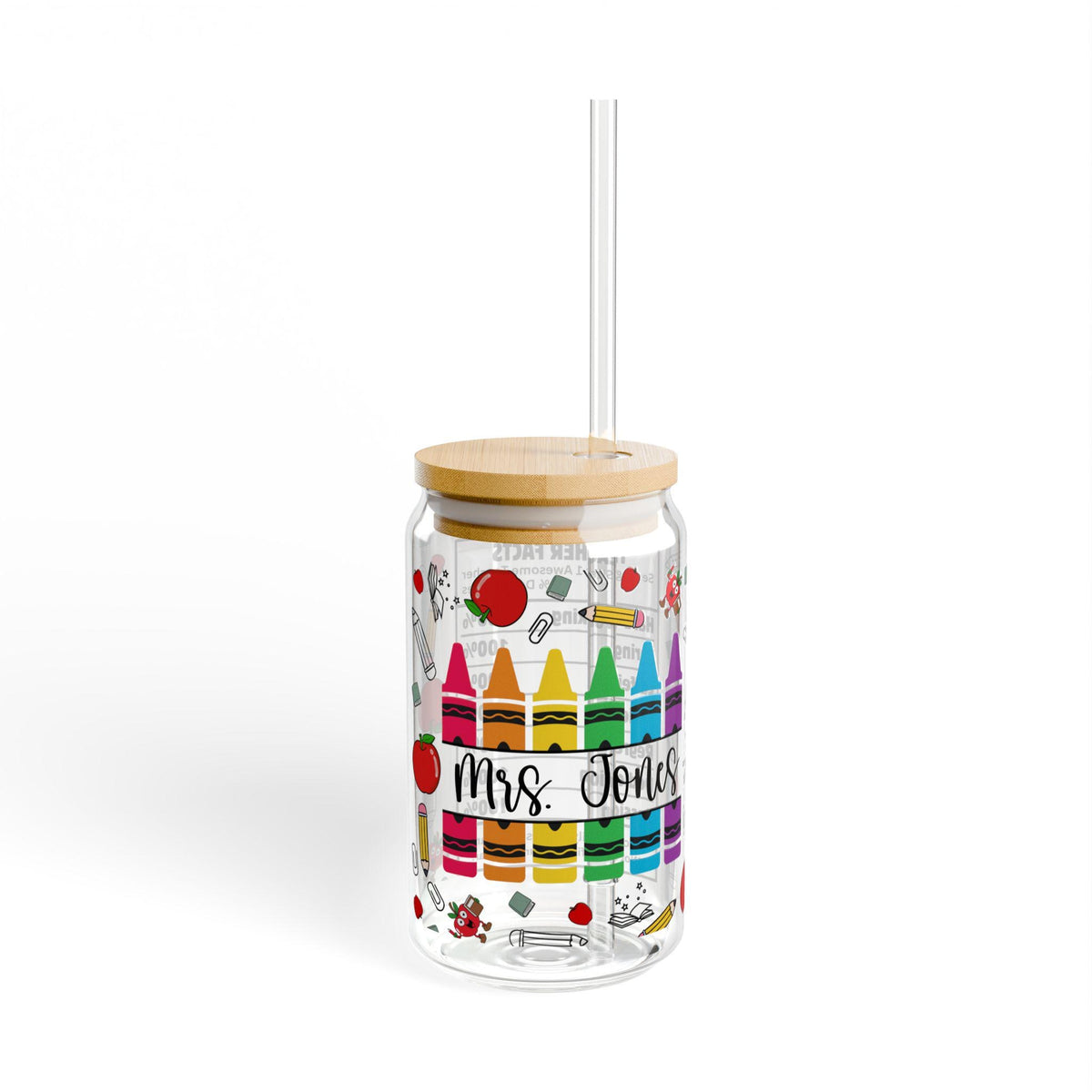 Crayon Classroom Teacher Sipper Glass, 16oz | School Apple Pencil Design, Personalized Teacher cup