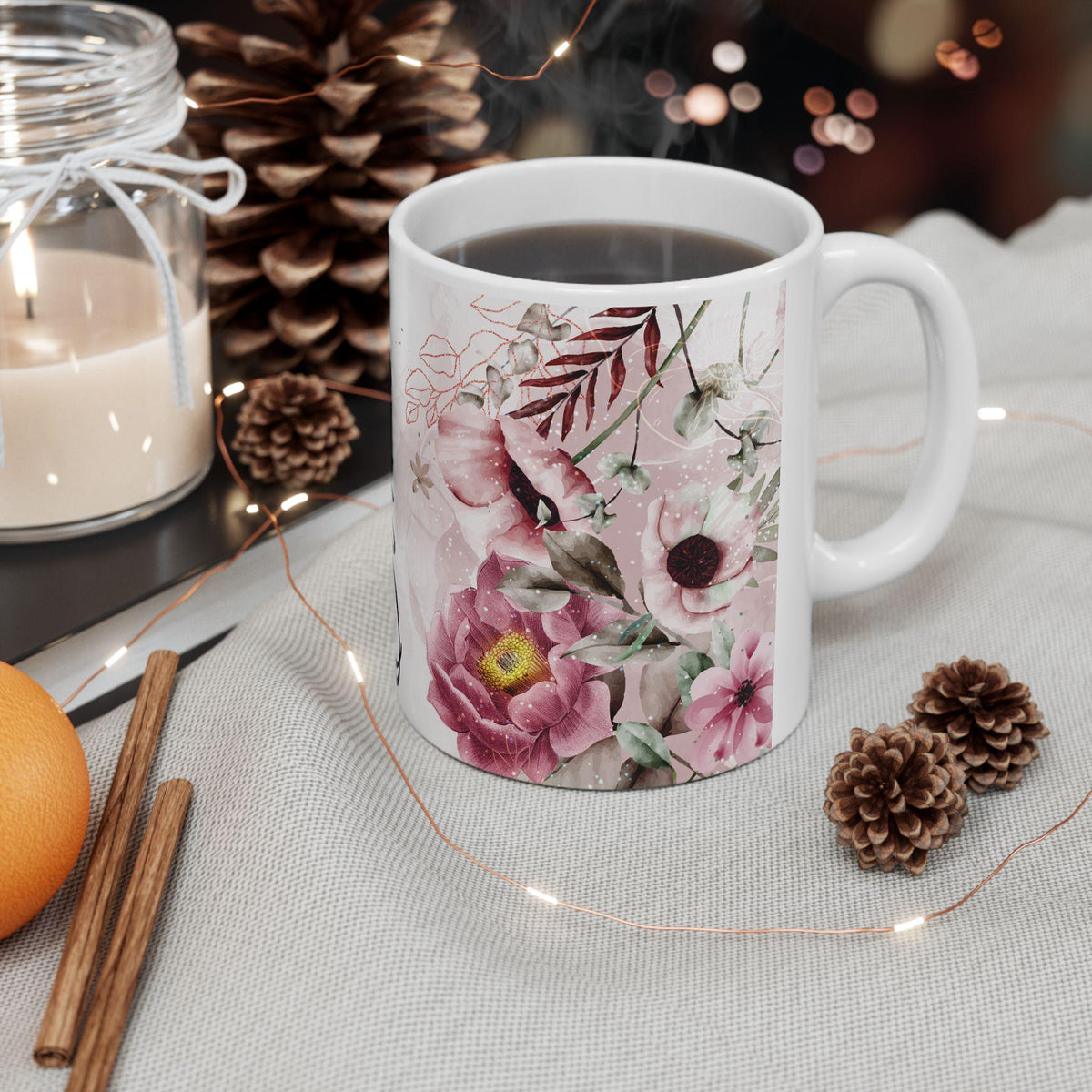 Personalized Floral Ceramic Mug: Custom Name Coffee Cup, Birthday Gift