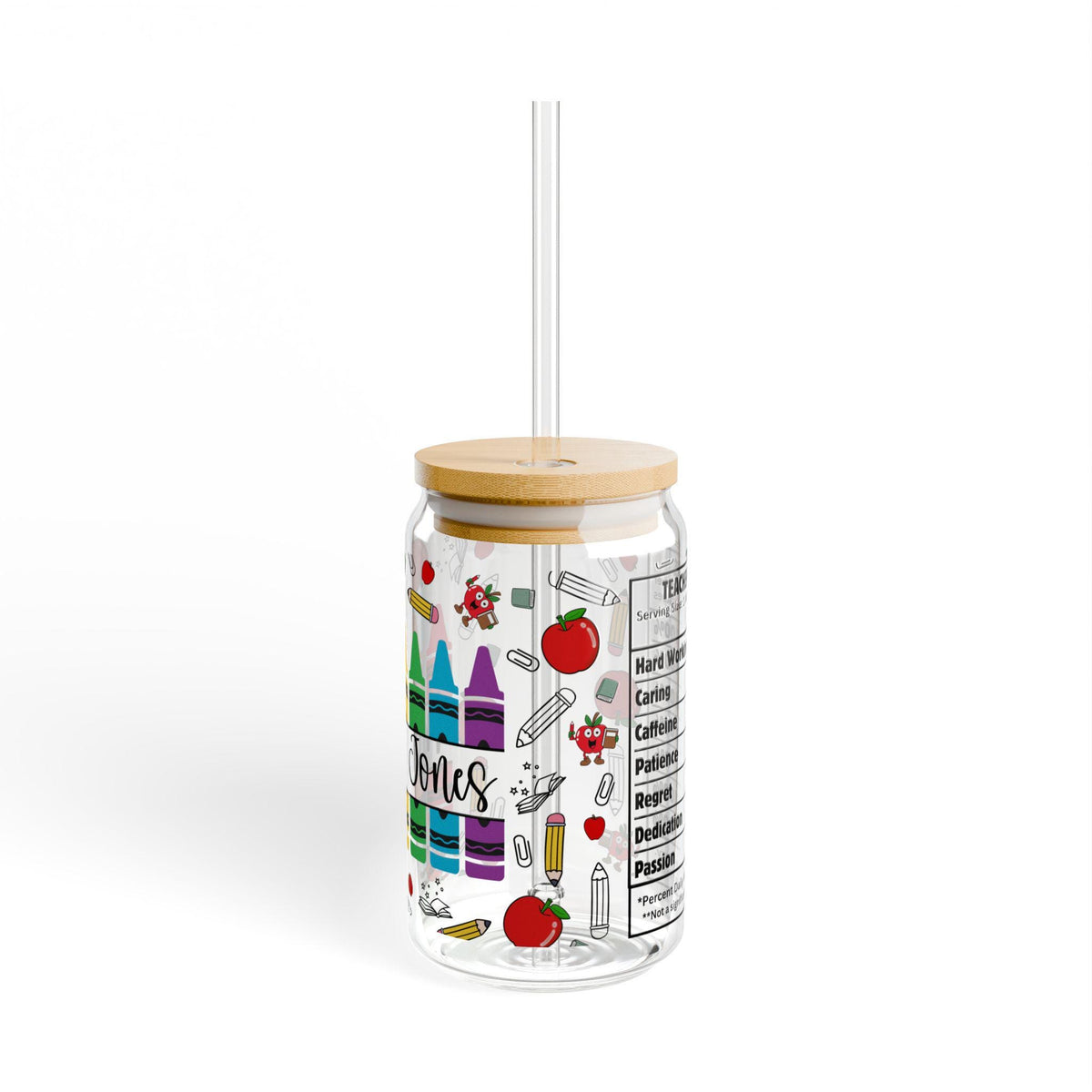 Crayon Classroom Teacher Sipper Glass, 16oz | School Apple Pencil Design, Personalized Teacher cup