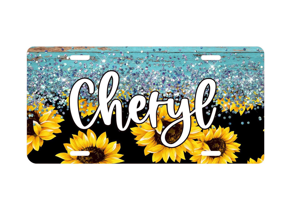 Glitter Sunflower Car Plate: Personalized Floral Vehicle Tag