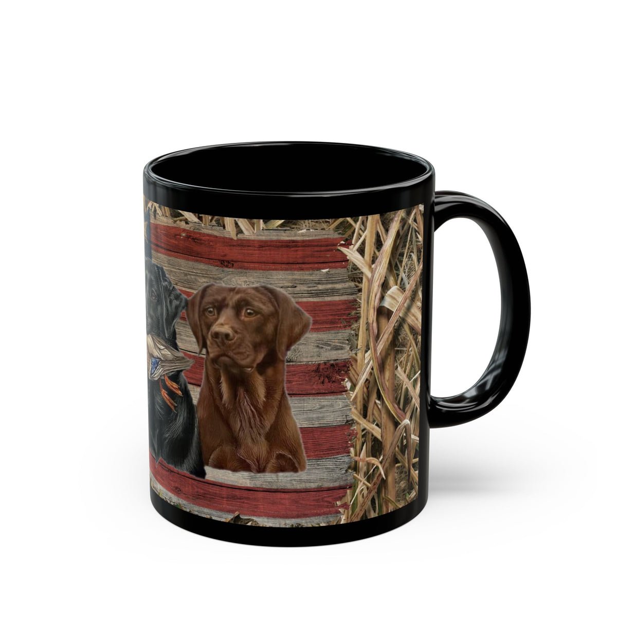 Three Labrador Retrievers with Duck and American Flag Mug | Black Ceramic Mug, duck hunter coffee cup, duck hunter gift