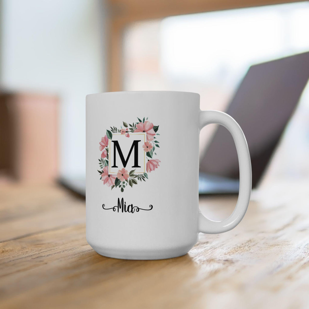 Floral Monogram Ceramic Coffee Mug: Personalized Botanical Gift
