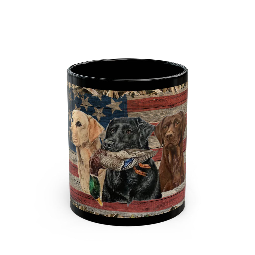 Three Labrador Retrievers with Duck and American Flag Mug | Black Ceramic Mug, duck hunter coffee cup, duck hunter gift