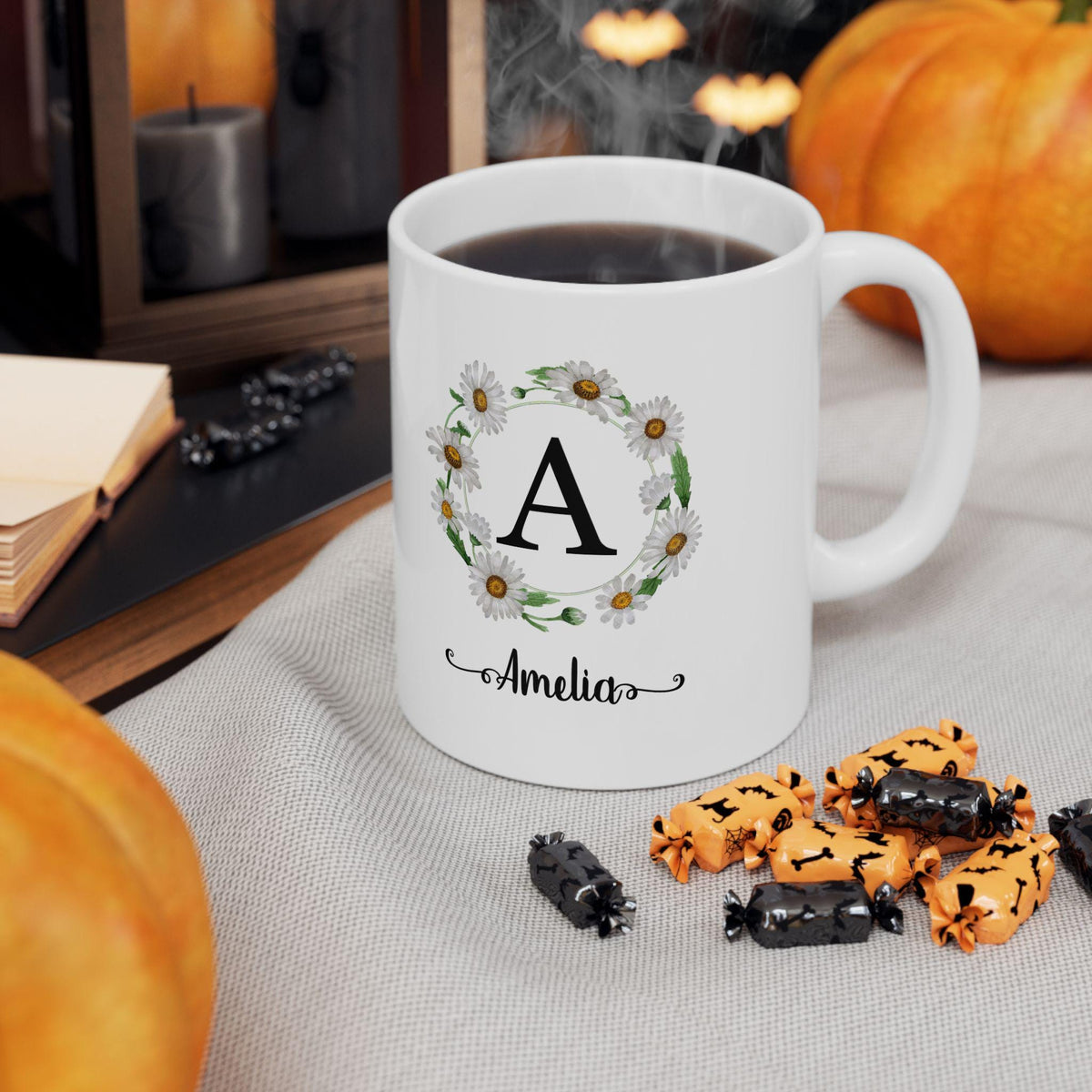 Floral Initial Ceramic Mug: Personalized Daisy Coffee Cup