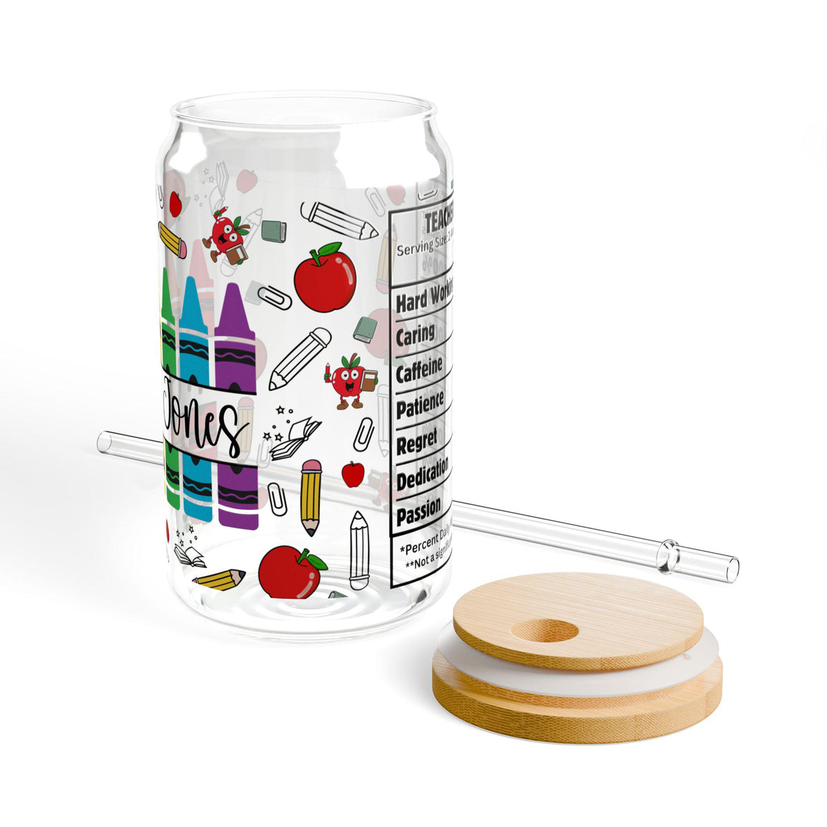 Crayon Classroom Teacher Sipper Glass, 16oz | School Apple Pencil Design, Personalized Teacher cup