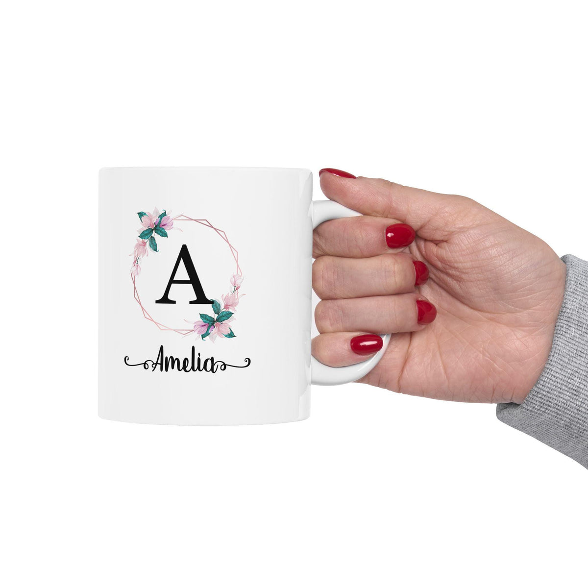 Personalized Floral Wreath Ceramic Mug - Custom Name Tea Cup