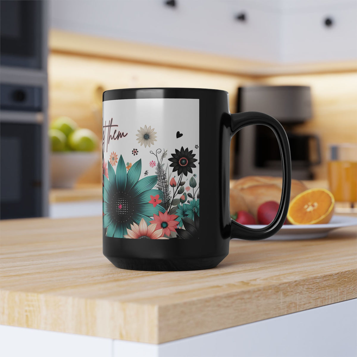 Let Them Bloom floral illustration Mug | Black ceramic coffee cup, encouraging coffee cup