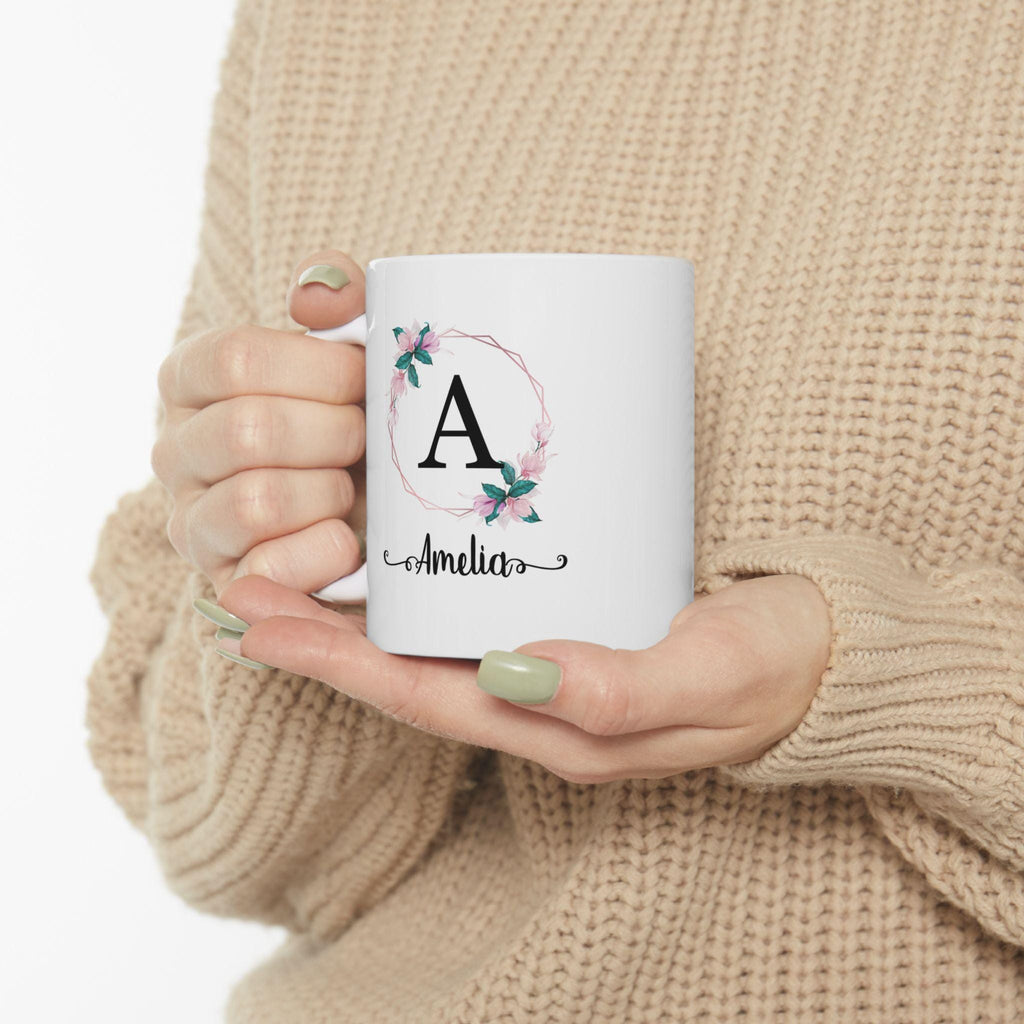 Personalized Floral Wreath Ceramic Mug - Custom Name Tea Cup