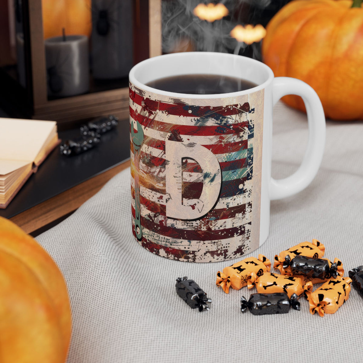 American Flag Wrench Mug | Patriotic Mechanic Garage Tool Coffee Cup, Dad coffee cup