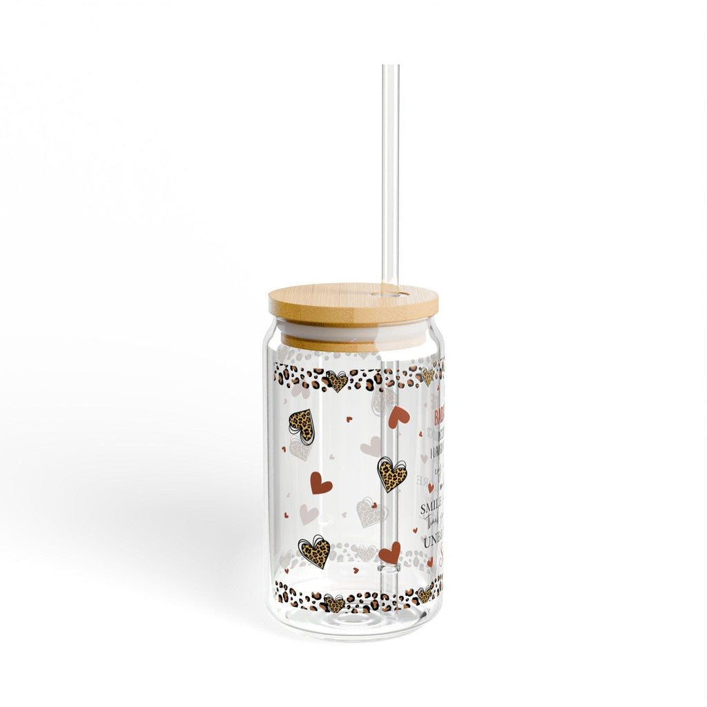 Badass Bessie quote sipper glass 16oz tumbler with straw, heart leopard, reusable drink cup, gift for sister, friendship gift