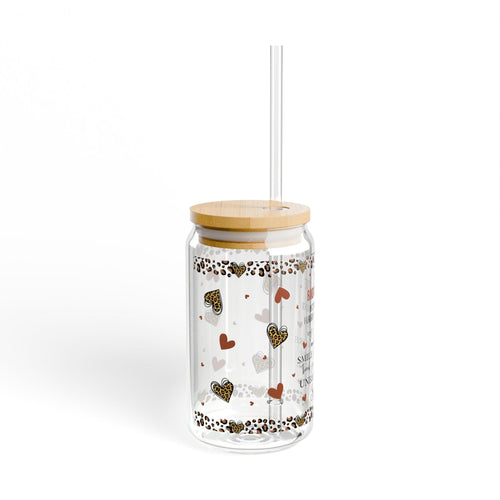 Badass Bessie quote sipper glass 16oz tumbler with straw, heart leopard, reusable drink cup, gift for sister, friendship gift