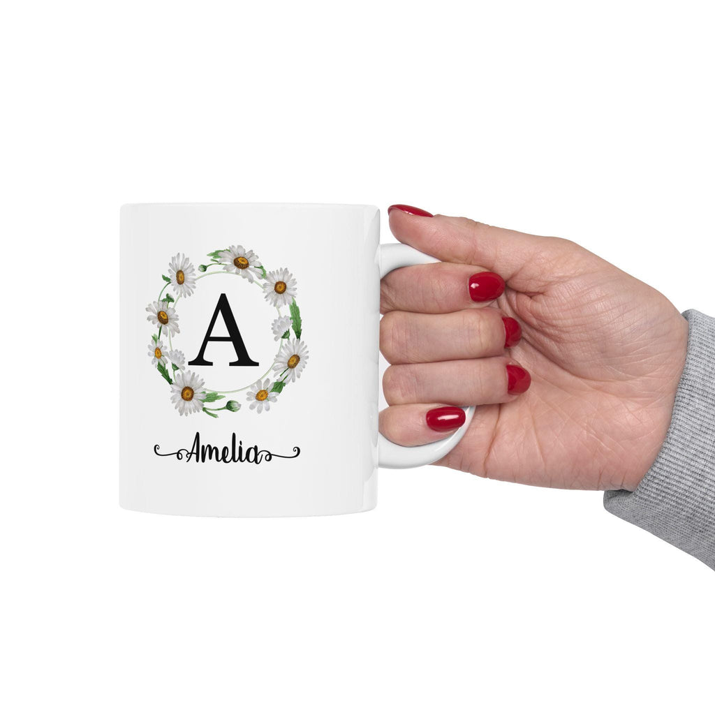 Floral Initial Ceramic Mug: Personalized Daisy Coffee Cup