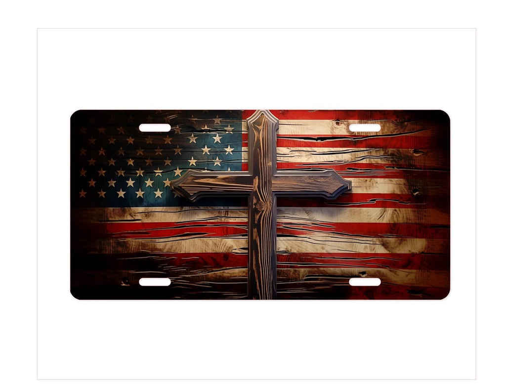 American Flag License Plate with Wood Cross: Patriotic Car Decor