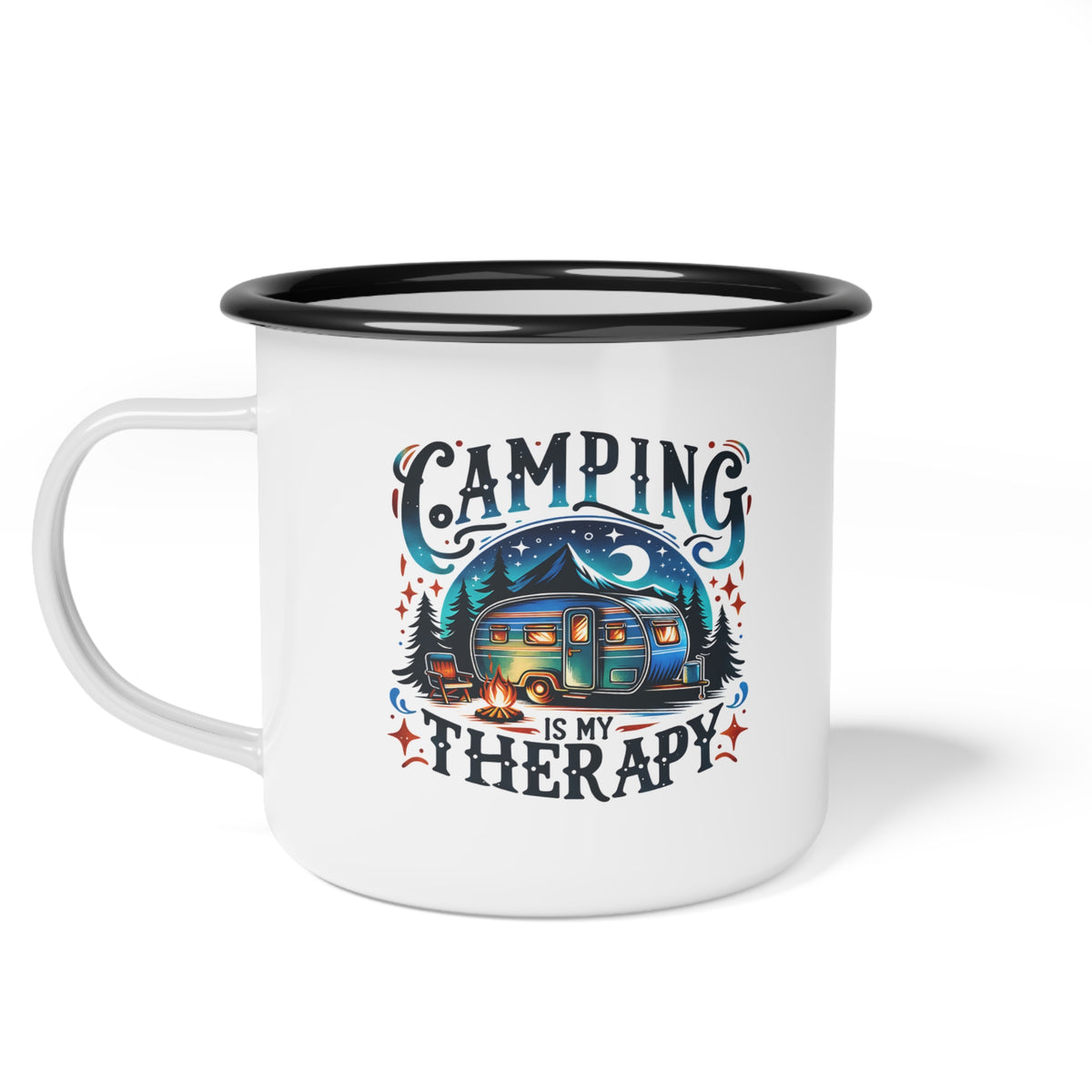 Camping Is My Therapy enamel camp cup | camper trailer, campfire, night sky