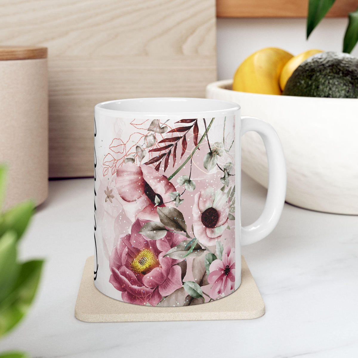 Personalized Floral Ceramic Mug: Custom Name Coffee Cup, Birthday Gift