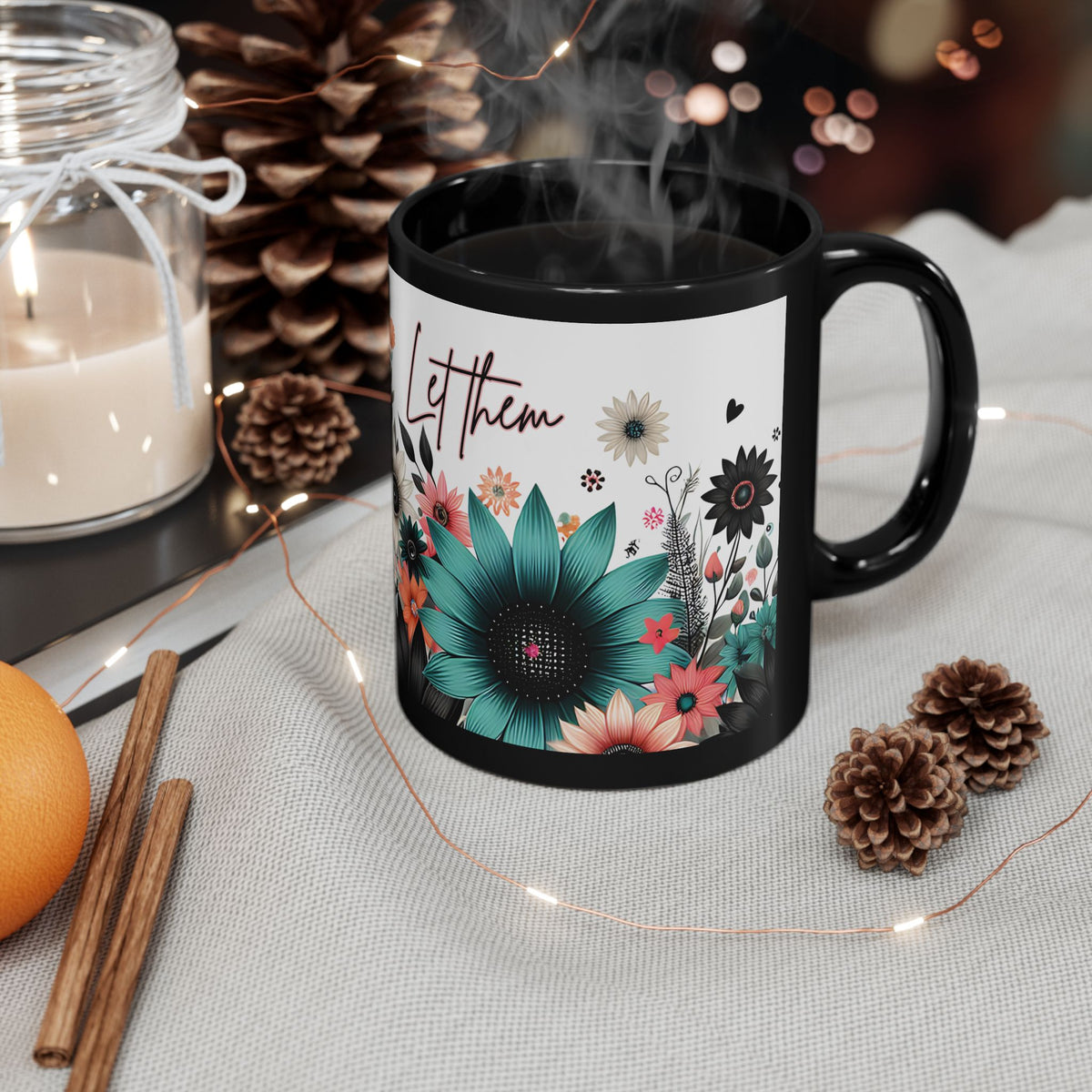 Let Them Bloom floral illustration Mug | Black ceramic coffee cup, encouraging coffee cup