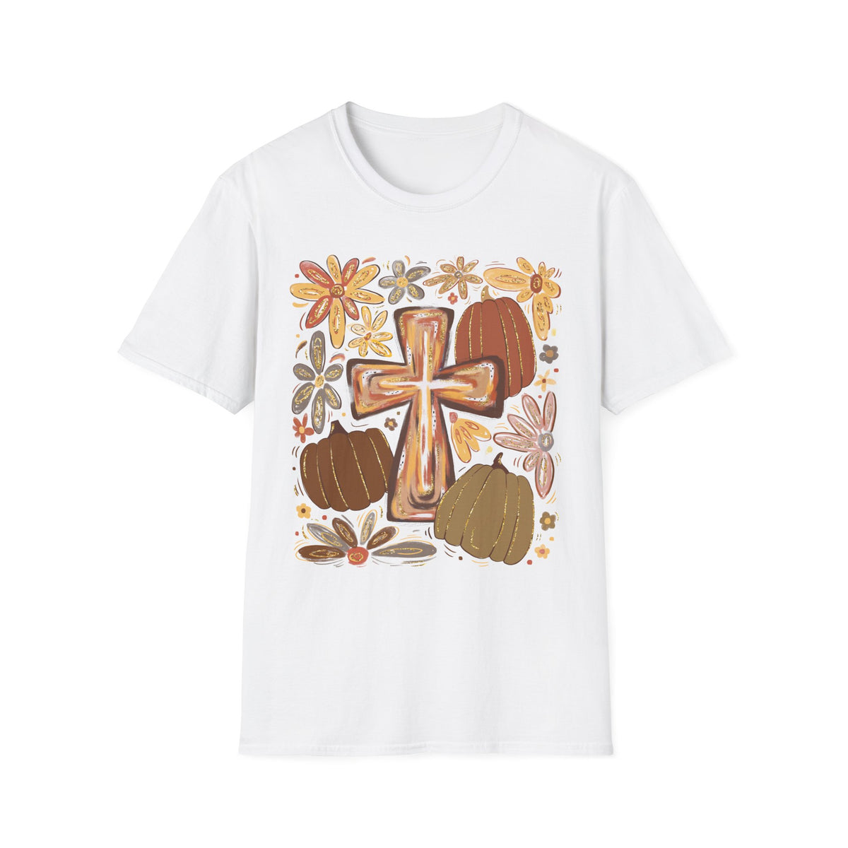Rustic Cross and Pumpkins T-Shirt | Floral Fall Harvest Tee