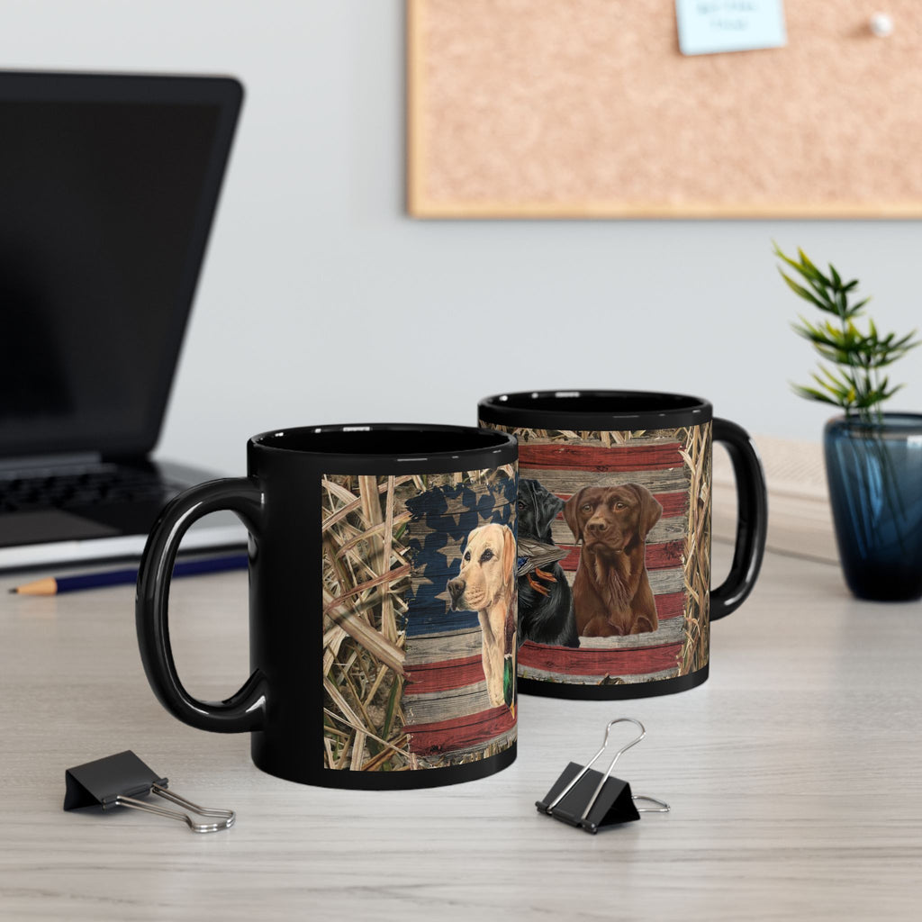 Three Labrador Retrievers with Duck and American Flag Mug | Black Ceramic Mug, duck hunter coffee cup, duck hunter gift