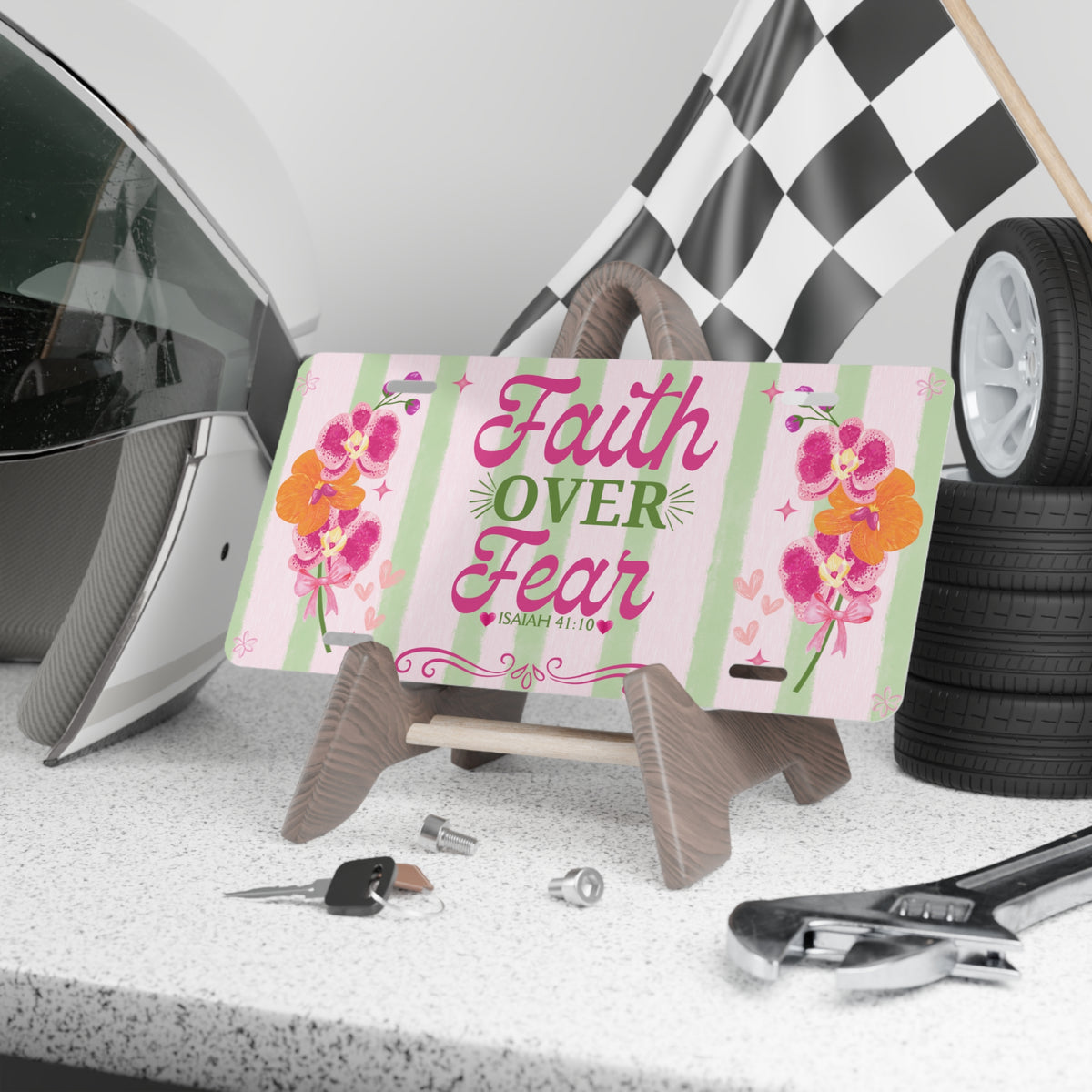 Faith Over Fear vanity plate | Floral stripes, Isaiah 41:10