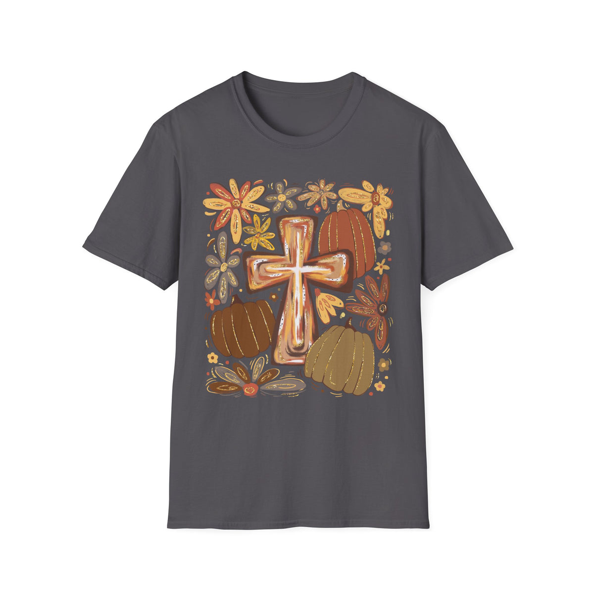 Rustic Cross and Pumpkins T-Shirt | Floral Fall Harvest Tee