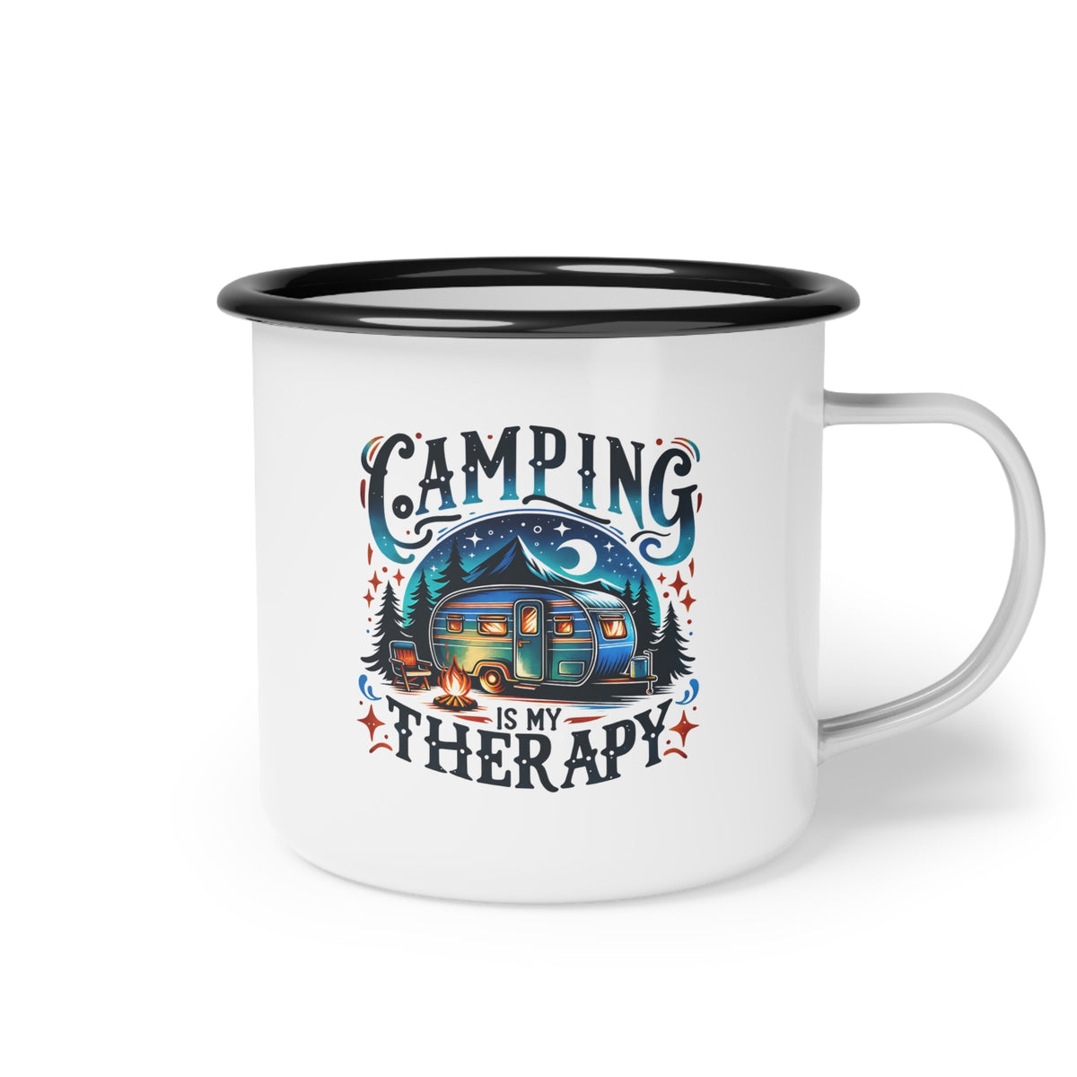 Camping Is My Therapy enamel camp cup | camper trailer, campfire, night sky