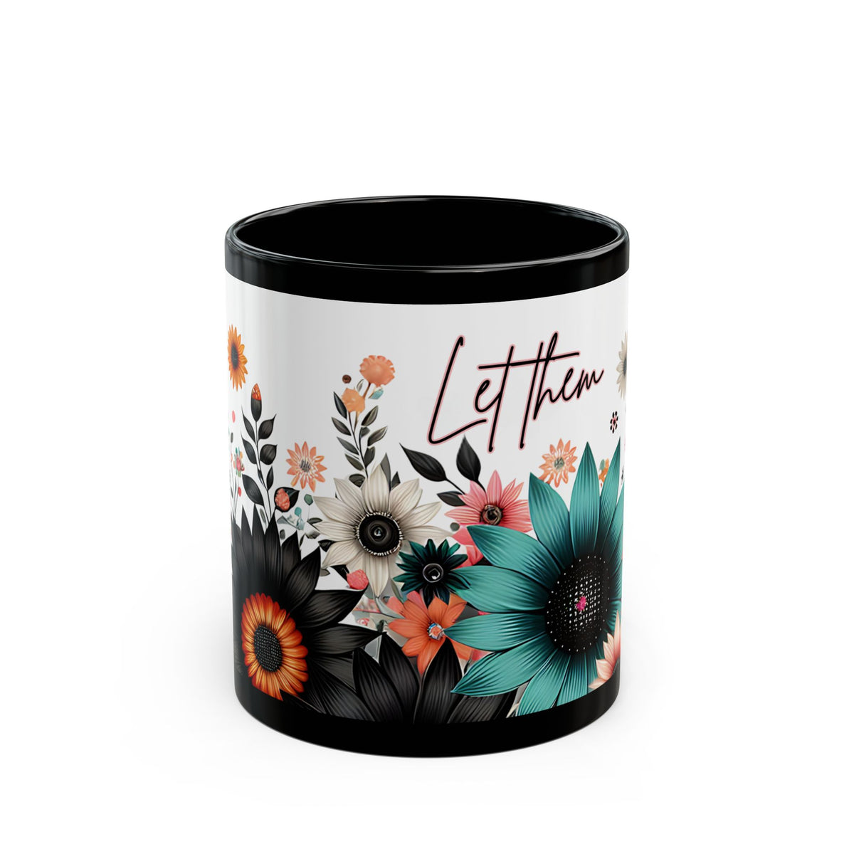 Let Them Bloom floral illustration Mug | Black ceramic coffee cup, encouraging coffee cup