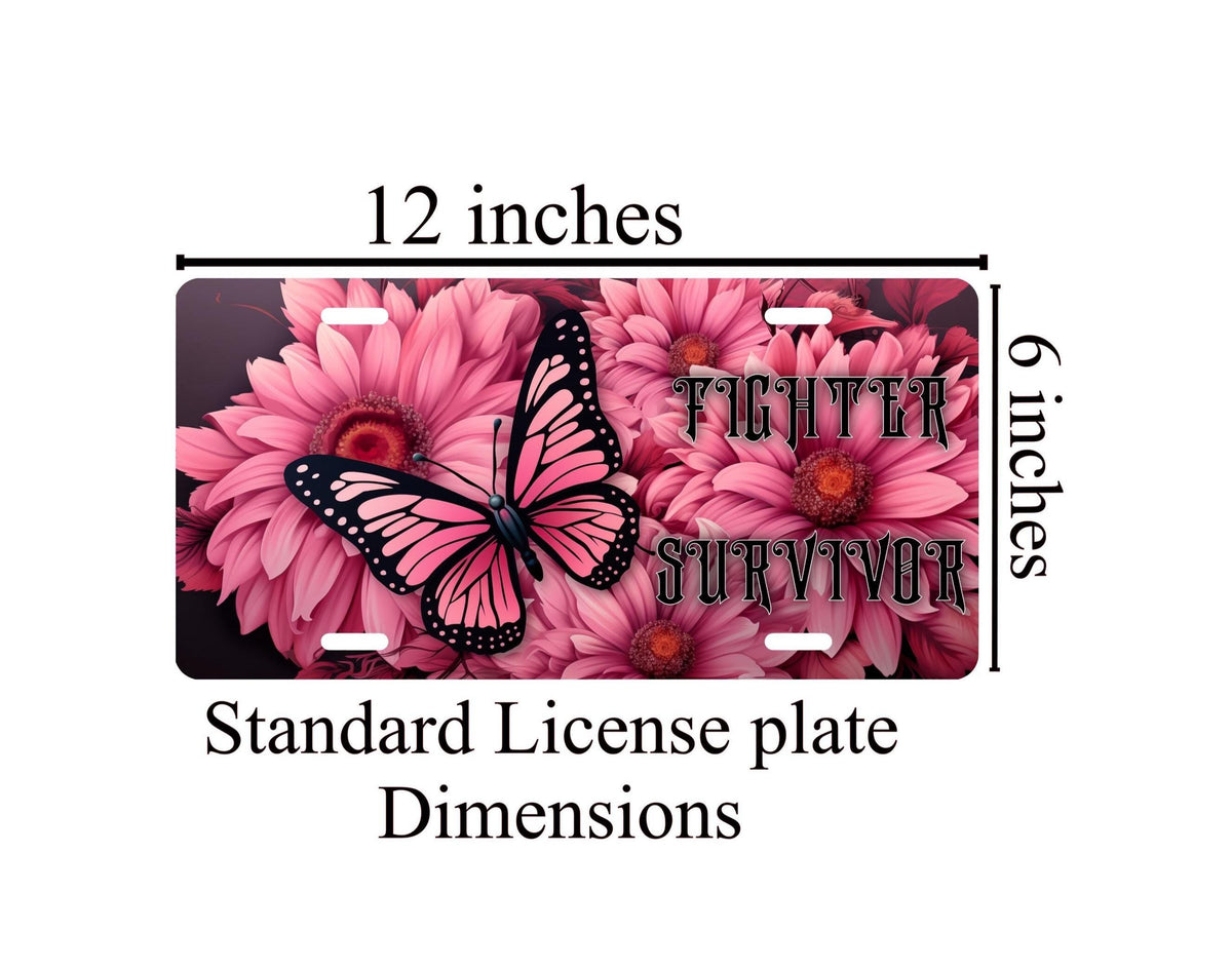 Pink Ribbon Butterfly License Plate - Breast Cancer Survivor Car Tag