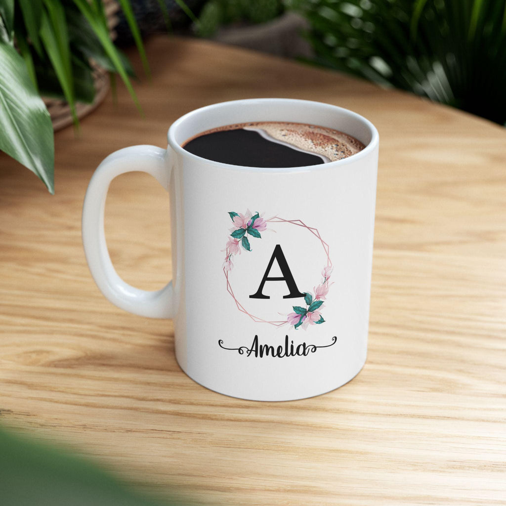 Personalized Floral Wreath Ceramic Mug - Custom Name Tea Cup