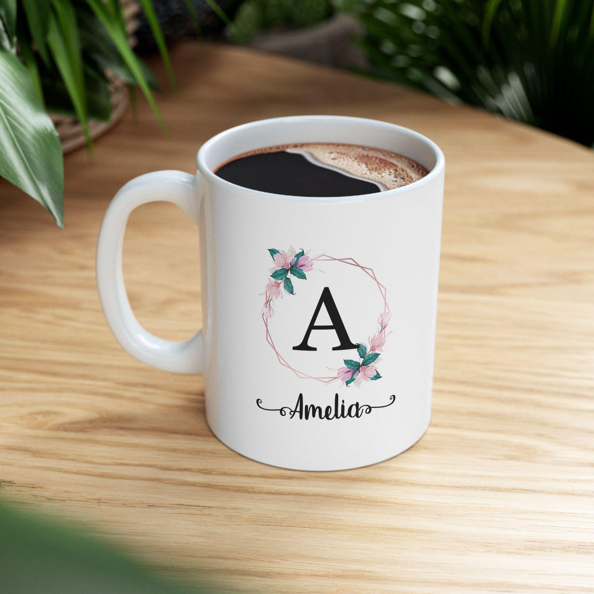 Personalized Floral Wreath Ceramic Mug - Custom Name Tea Cup