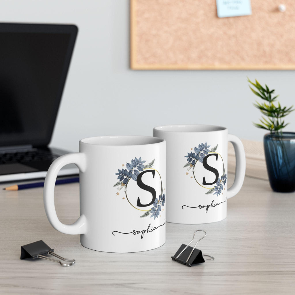 Personalized floral ceramic mug, custom coffee cup gift, flower design, birthday, Mother's Day, housewarming