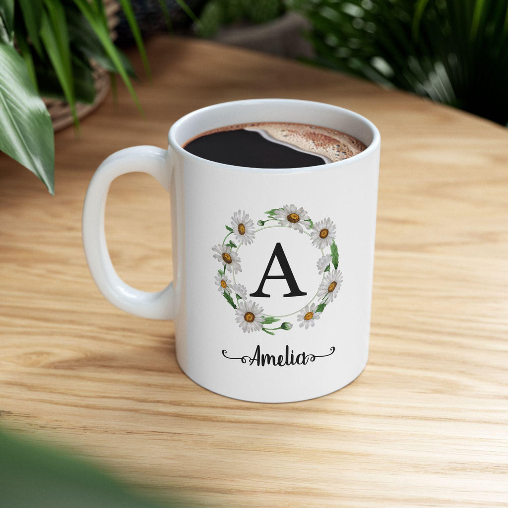 Floral Initial Ceramic Mug: Personalized Daisy Coffee Cup