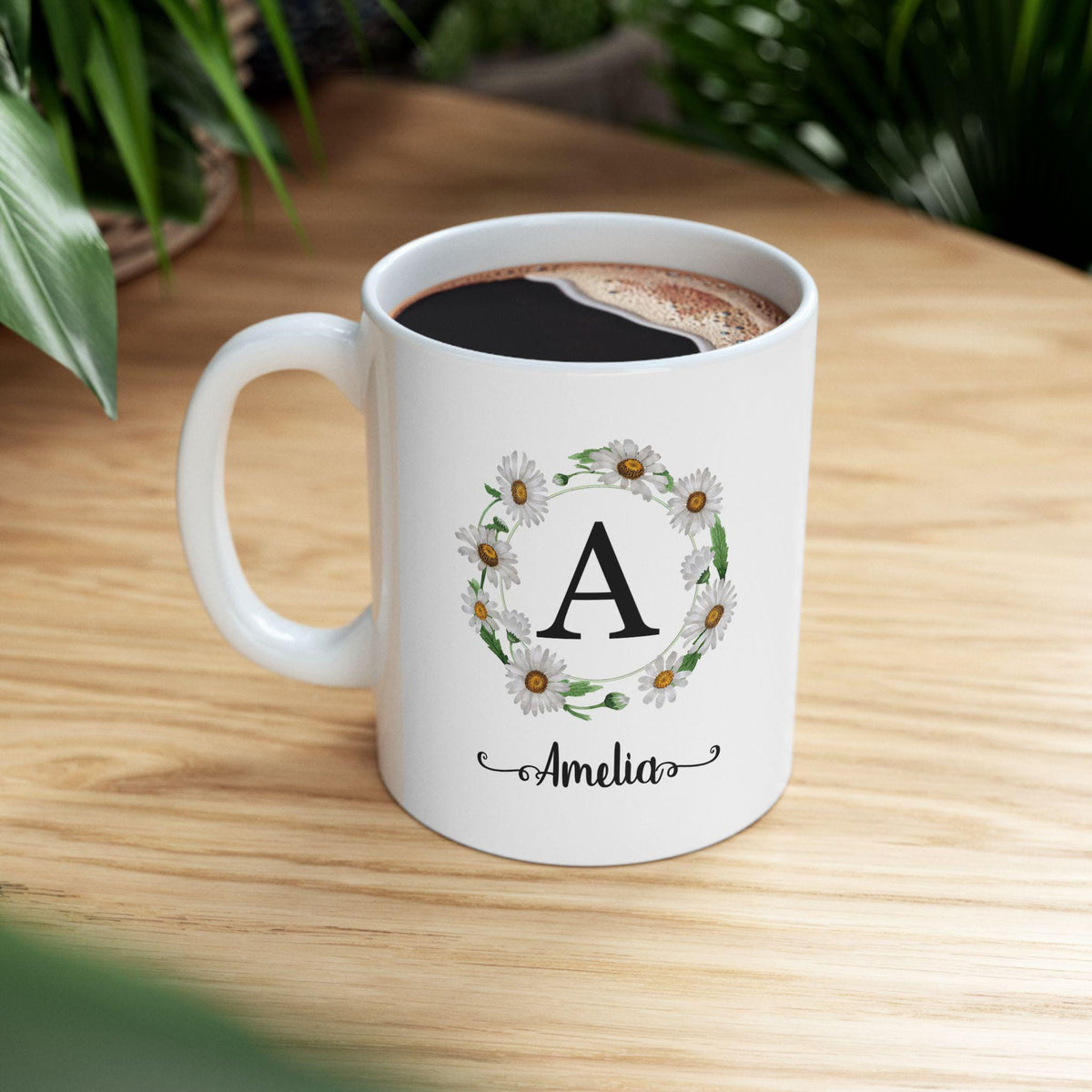 Floral Initial Ceramic Mug: Personalized Daisy Coffee Cup