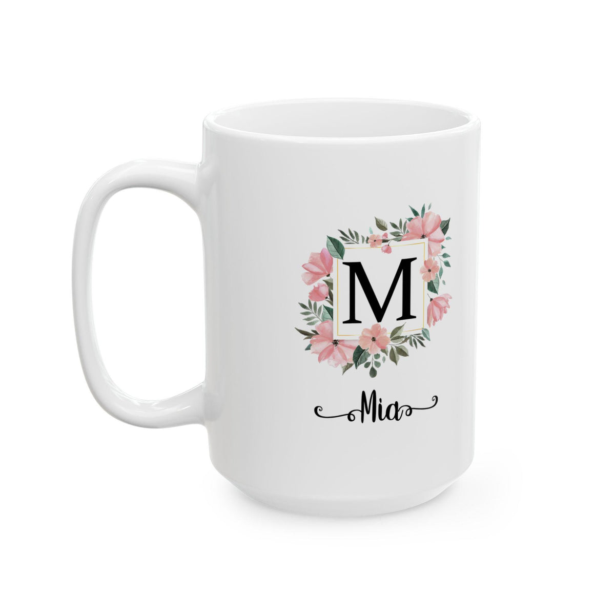 Floral Monogram Ceramic Coffee Mug: Personalized Botanical Gift