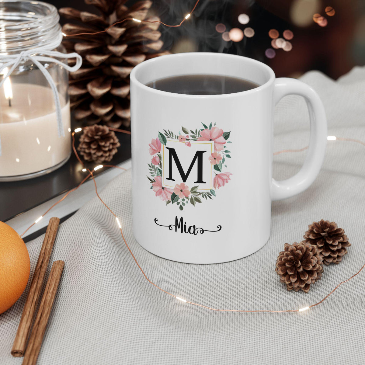 Floral Monogram Ceramic Coffee Mug: Personalized Botanical Gift