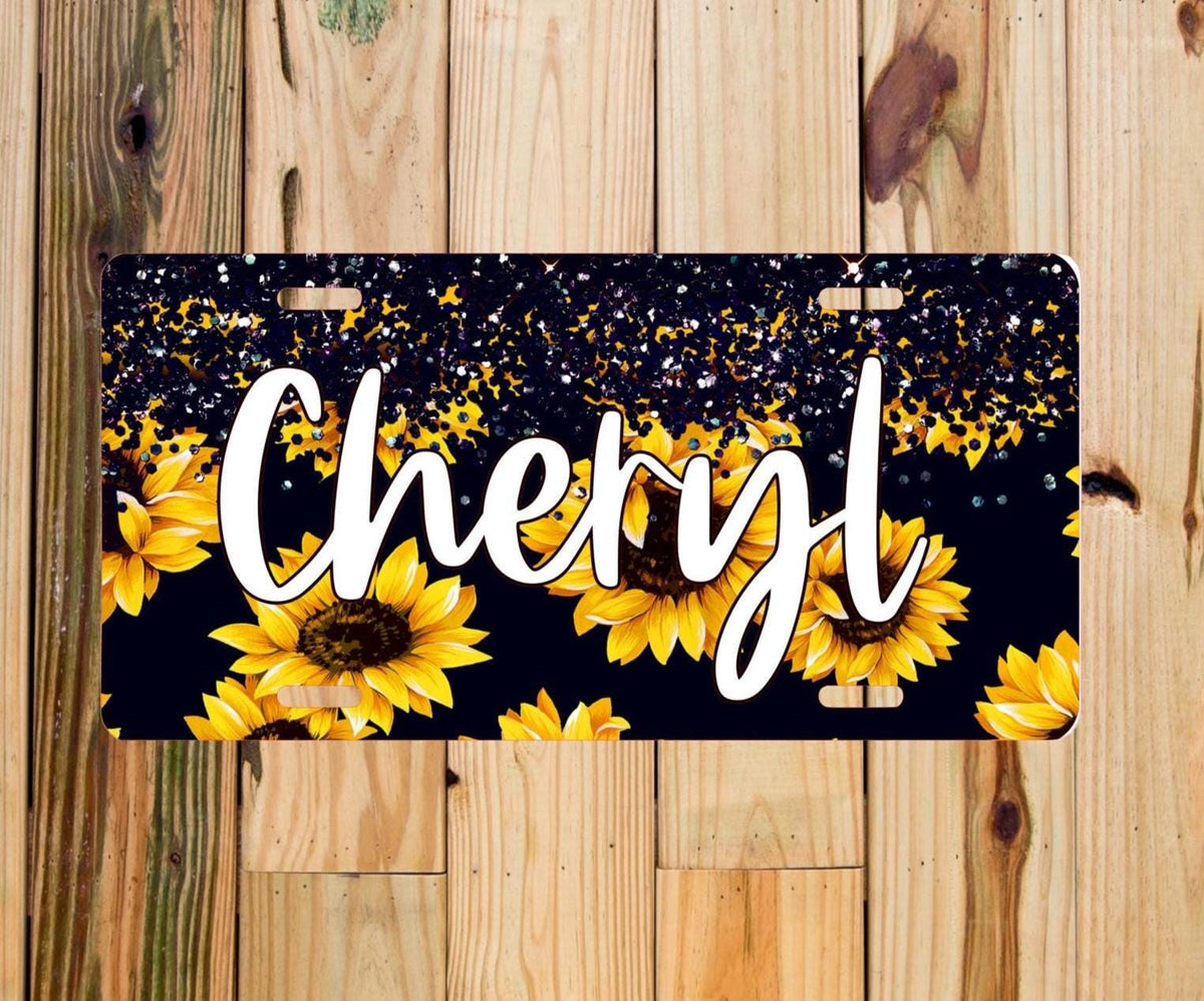 Personalized Glitter Sunflower License Plate: Custom Car Tag