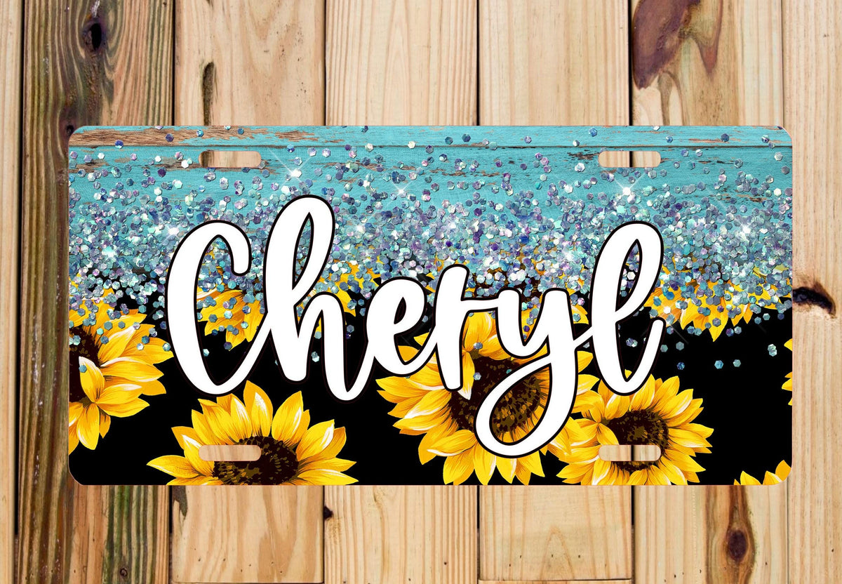 Glitter Sunflower Car Plate: Personalized Floral Vehicle Tag