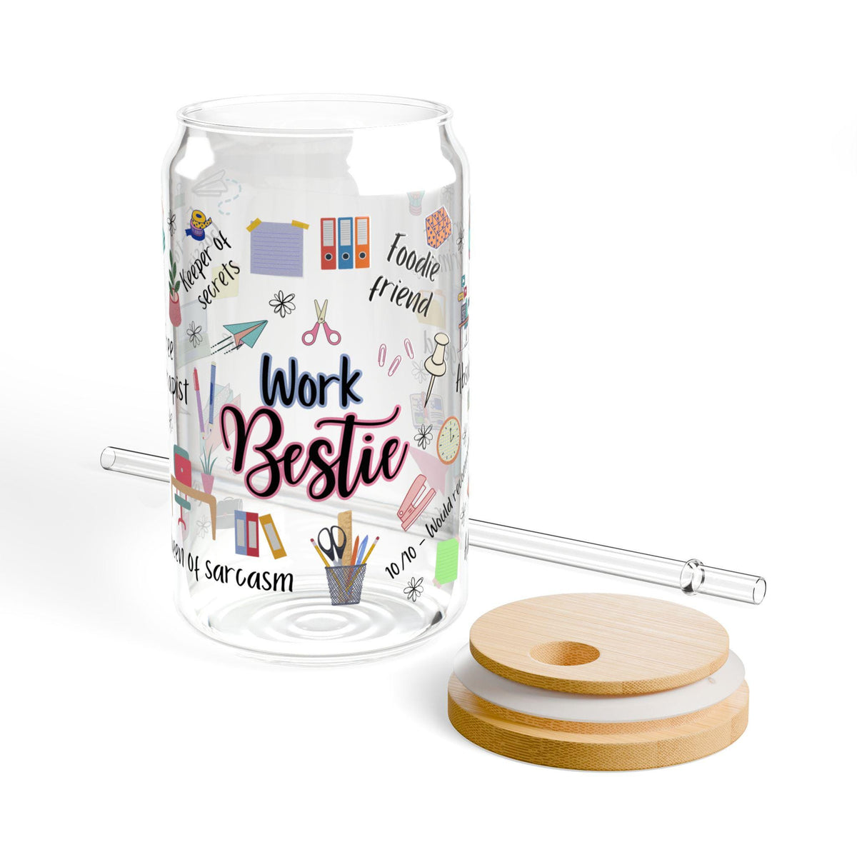 Work Bestie Sipper Glass, 16oz | Office Quote Straw Tumbler gift for work betsie
