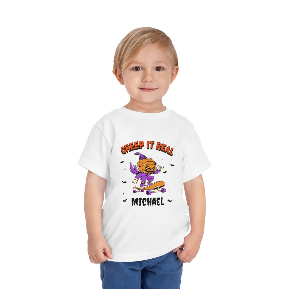 Personalized Halloween Toddler Tee: Creepy Pumpkin Witch Skateboard Design