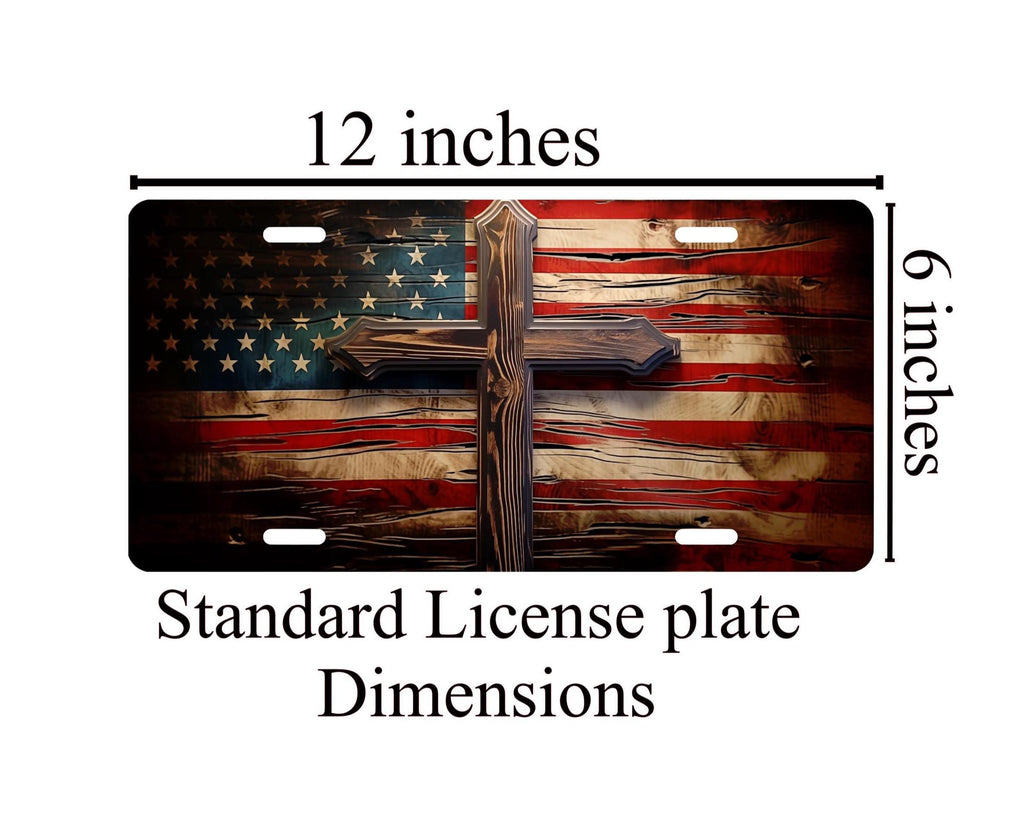 American Flag License Plate with Wood Cross: Patriotic Car Decor