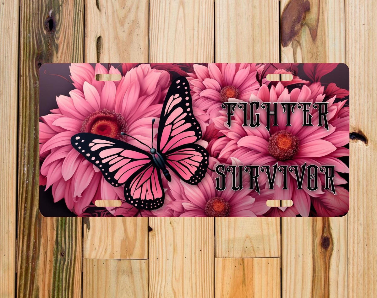 Pink Ribbon Butterfly License Plate - Breast Cancer Survivor Car Tag
