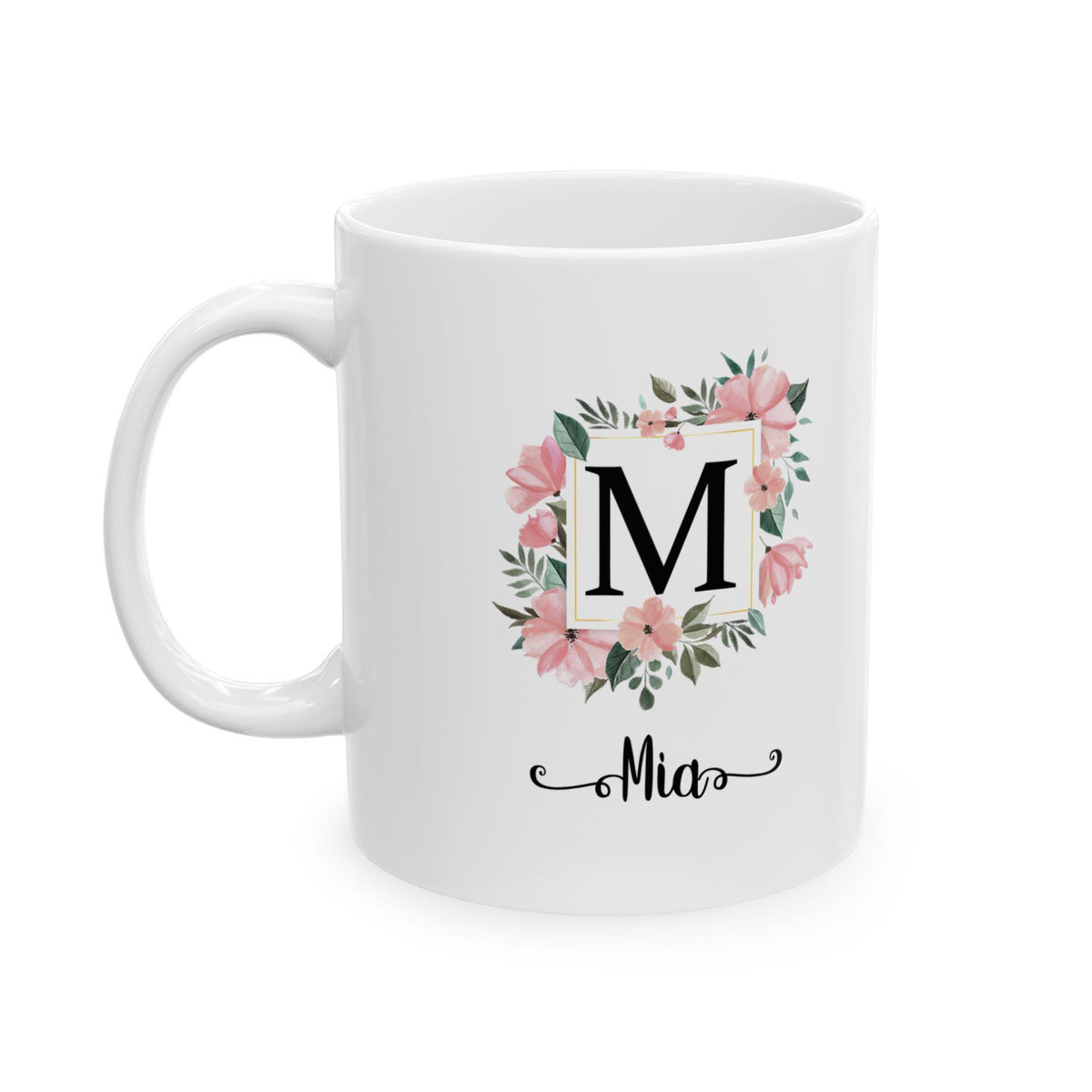Floral Monogram Ceramic Coffee Mug: Personalized Botanical Gift