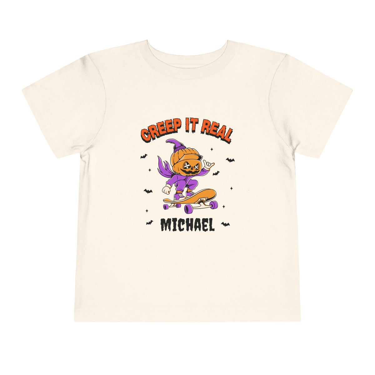 Personalized Halloween Toddler Tee: Creepy Pumpkin Witch Skateboard Design