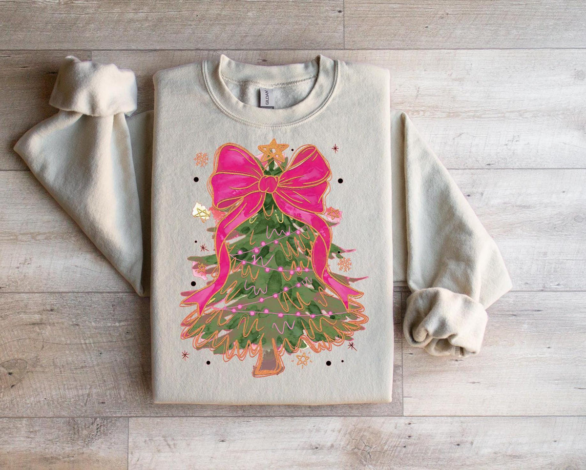 Coquette Christmas Tree Sweatshirt: Glitter Bow, Watercolor Lights